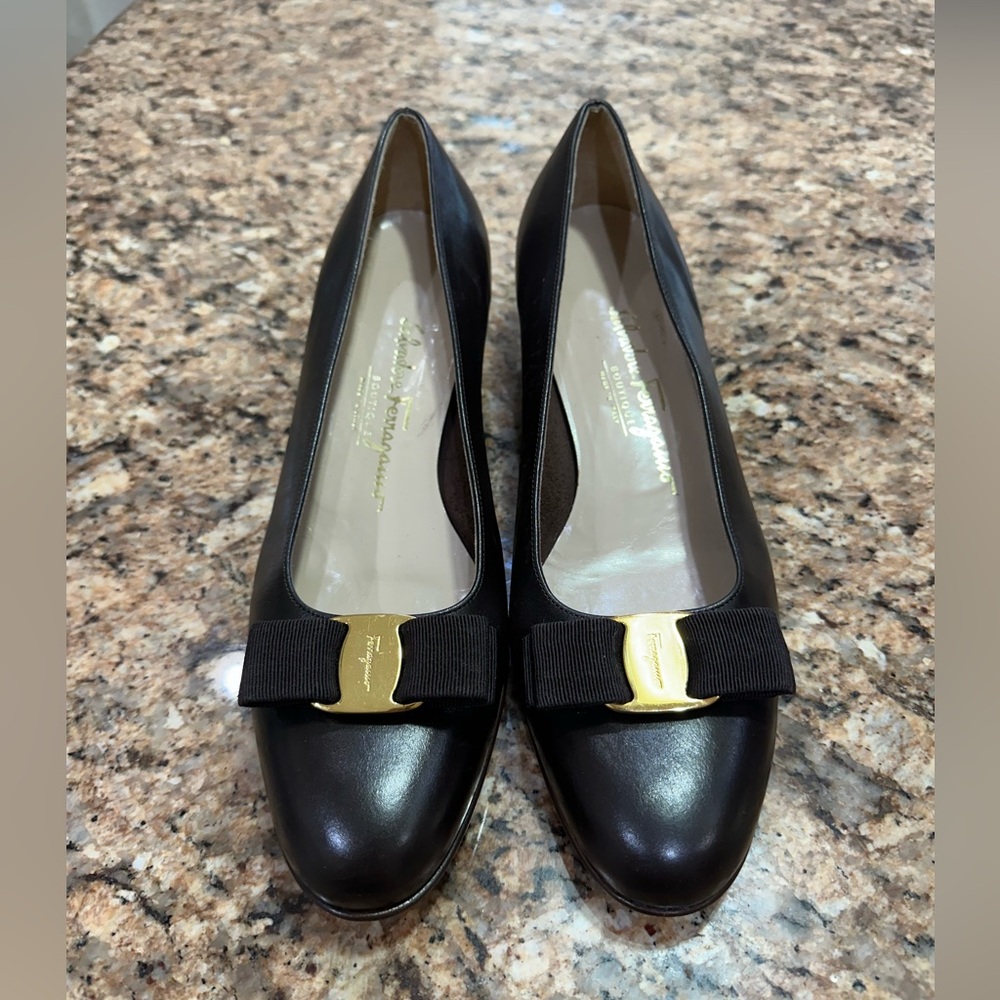Salvatore Ferragamo Black Leather Flats with Gold Buckle